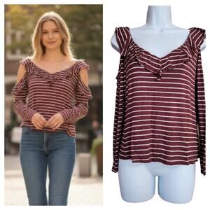August Mist Womens Cold Shoulder Tee Size XS Maroon Striped Ruffle V-Neck